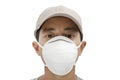 Close up of young male wearing protective face mask on white background