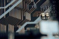 Close up. Young Man Repairing Motherboard from PC. Repair Shop. Worker with Tools. Computer Hardware. Magnifying Glass. Soldering