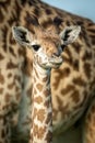 Close-up of young Masai giraffe beside mother Royalty Free Stock Photo