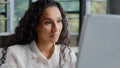 Close-up young pensive businesswoman office worker journalist writer looking to side thinking finds inspiration writing Royalty Free Stock Photo