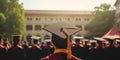 Close up of young students graduating university with graduation caps Royalty Free Stock Photo