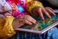 Close up of young toddler child\'s hands playing game on computer tablet