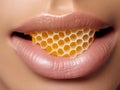 close-up. young woman eats honeycomb with honey.