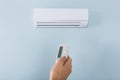 Woman Operating Air Conditioner With Remote Control Royalty Free Stock Photo