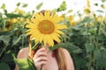 Close up of young woman holding beautiful sunflower in front of her face at farm Royalty Free Stock Photo