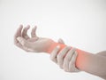 Close up young woman holding her wrist symptomatic Office Syndrome Royalty Free Stock Photo