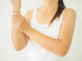 Close up young woman holding her wrist symptomatic Office Syndrome Royalty Free Stock Photo