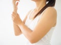 Close up young woman holding her wrist symptomatic Office Syndrome Royalty Free Stock Photo