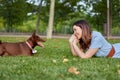 Close-up of young woman lying on green grass with her little dog, Pharaoh hound breed puppy, outdoors, in a park. Royalty Free Stock Photo