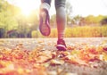 Close up of young woman running in autumn park Royalty Free Stock Photo