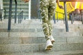 Running in the city sport motivation. Young sporty woman running upstairs on city stairs Royalty Free Stock Photo