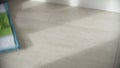 Close up of young woman washing white kitchen floor with special swob, cleaning service