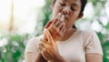 Close up young woman wrist pain Royalty Free Stock Photo