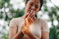 Close up young woman wrist pain Royalty Free Stock Photo