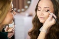 Makeup artist applying eyeshadow on woman eyelid. Royalty Free Stock Photo