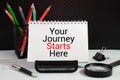 Close up your journey start here word written on book Royalty Free Stock Photo