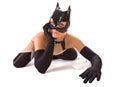 Close-up of ypung girl in cat mask (isolated on wh Royalty Free Stock Photo