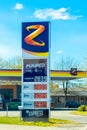 Close up of the Z fuel station price board displaying fuel cost per litre in October 2023