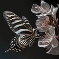A close-up of a zebra butterfly hovering around a blossom
