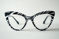 Close up of zebra patterned cat eye glasses on a white surface in studio shot Royalty Free Stock Photo