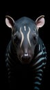 a close up of a zebra\'s face with a zebra stripe pattern on it\'s body and a black background Royalty Free Stock Photo