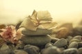 Close-up of a zen-style stack of stones with a white flower on top in a beach setting with warm light Royalty Free Stock Photo