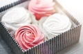 Close up of zephyr or marshmallows in gift box Royalty Free Stock Photo