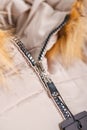 Close up of zipper on beige jacket with fur, winter fashion outfit. Jacket isolated on white background Royalty Free Stock Photo