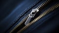 Close up of zipper on blue fabric, AI Royalty Free Stock Photo