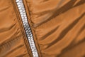 Close up of zipper on orange jacket , winter fashion outfit. Jacket isolated on white background