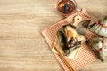 Close up Zongzi or rice dumpling on the wooden table with Chinese tea in Dragon Boat Festival, Asian traditional food