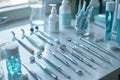 Close-ups on an array of sterilized dental neatly arranged on a tray. Generative AI