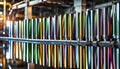 Close-ups of colorful reflective industrially manufactured metal parts stored next to each other after production