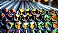 Close-ups of colorful reflective industrially manufactured metal pipes stored next to each other after production