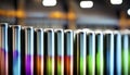 Close-ups of colorful reflective industrially manufactured metal pipes stored next to each other after production