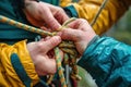 Close-ups of hands tying knots for outdoor activities. Colorful rope.