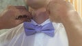 Close-ups of a man s handles corrects a blue bow tie. man dresses bow tie on white shirt. Man getting dressed for party Royalty Free Stock Photo