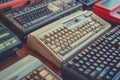 Close-ups of retro computer keyboards and mice. Vintage technology background