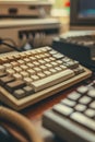 Close-ups of retro computer keyboards and mice. Vintage technology background