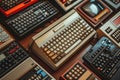 Close-ups of retro computer keyboards and mice. Vintage technology background