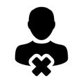 Close user icon vector male person profile avatar with delete symbol in flat color glyph pictogram