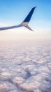 Close vide of the plane wing on a blue sky and cloud
