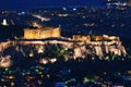 Close view of Acropolis, Parthenon and Erechtheion, Philoppapos monument at night. City lights of Athens. Famous view of
