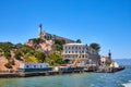 Close view of Alcatraz Island pier with Alcatraz Lighthouse on hill