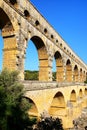 Close view of Aqueduct Pont du Gard in southern France Royalty Free Stock Photo