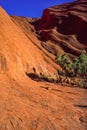 Different view of Ayers Rock Uluru. Morning sunlight emphasize the streaked surface of the rock formation, Uluru-Kata Tjuta Royalty Free Stock Photo