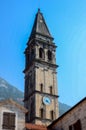 Close view of the belltower in mediterranean town