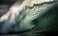 Close view of a big ocean cloudbreak wave in the sea showing its powerful swell on a dramatic grey cloudy day