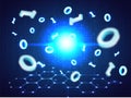 Close view of binary digits zero and one on hud, matrix background.