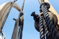 Close view of block and tackle, rope rigging on an old ship Royalty Free Stock Photo